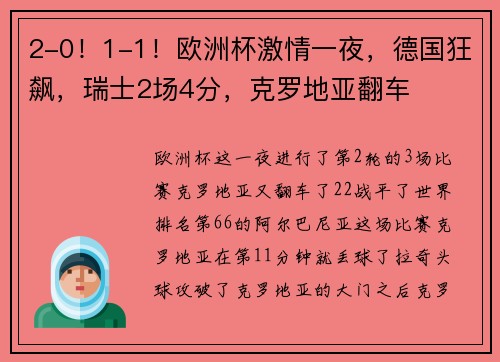 2-0!1-1!欧洲杯激情一夜,德国狂飙,瑞士2场4分,克罗地亚翻车