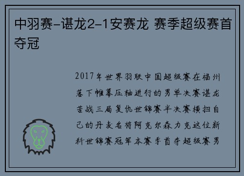 中羽赛-谌龙2-1安赛龙 赛季超级赛首夺冠